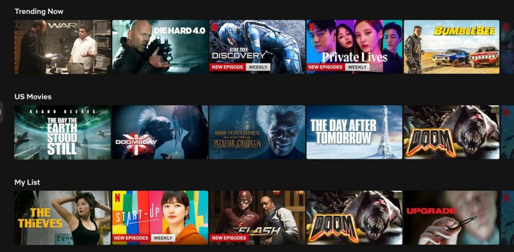 Screenshot from Netflix showing trending videos and suggestions related to the viewers history